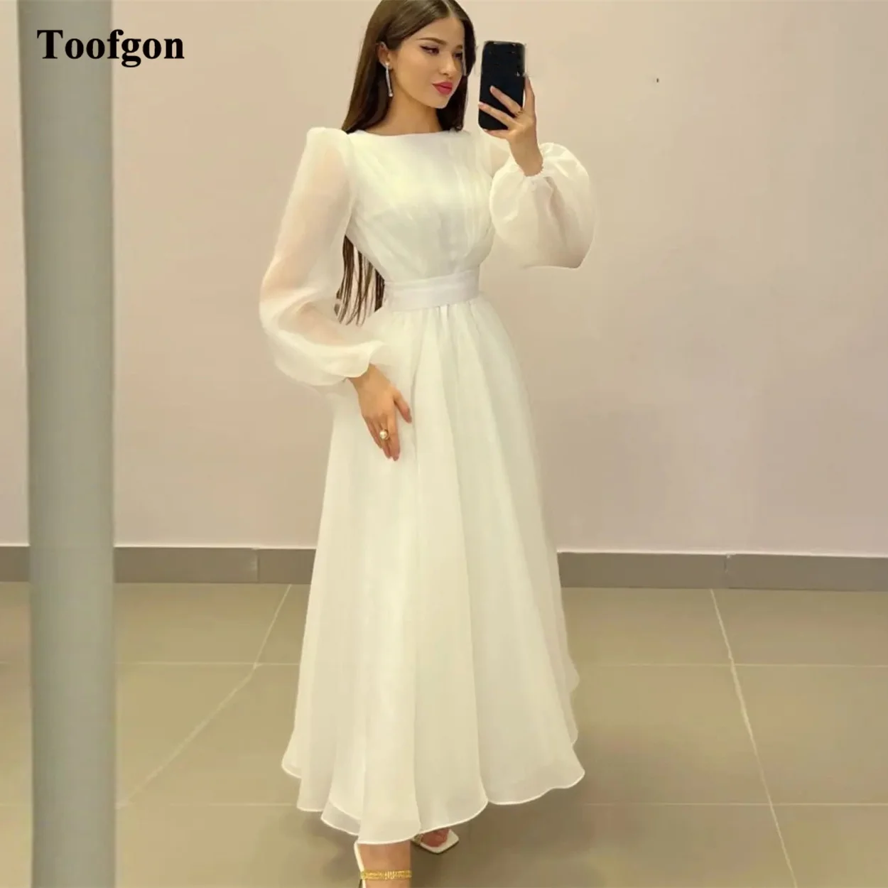 Toofgon-vestidos de noiva para noiva, linha A, mangas compridas, vestidos de noiva, comprimento do tornozelo, vestido de festa boho para mulheres