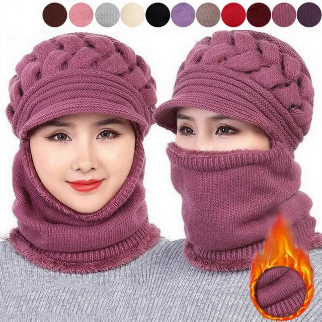 Women Winter Warm Cable Knitted Balaclava Hat Plush Windproof Full