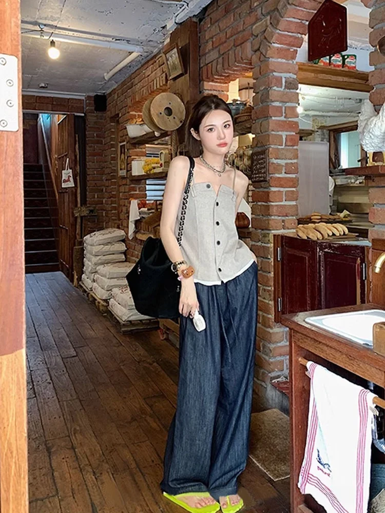 임산부용 청바지 여름용 얇은 실크 통기성 캐주얼 데님 루즈핏 배 받침 와이드 레그 스트레이트 컷 팬츠 아우터웨어