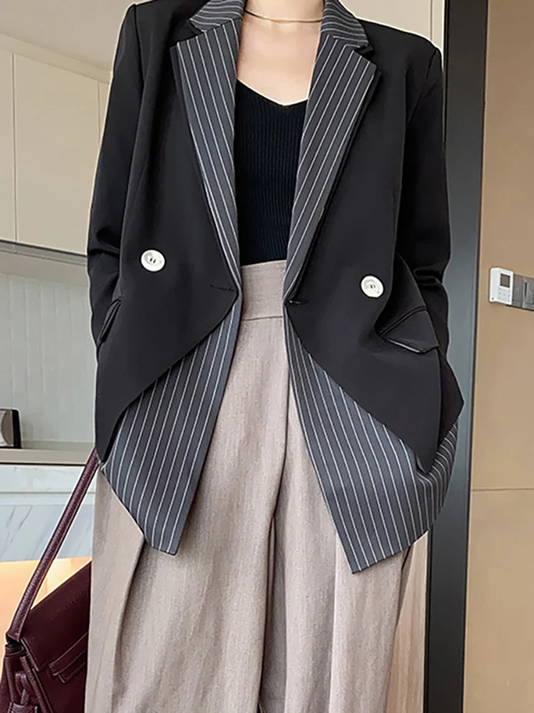 DEAT Fashion Women's Double Blazer Notched Loose Long Sleeve Irregular Patchwork Striped Suit Jackets Spring 2024 New 17A201HH