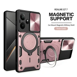 Armor Slide Camera Lens Protect Back Cover with Magnetic Holder Ring for Realme GT7 5G (JS-Rose Gold)