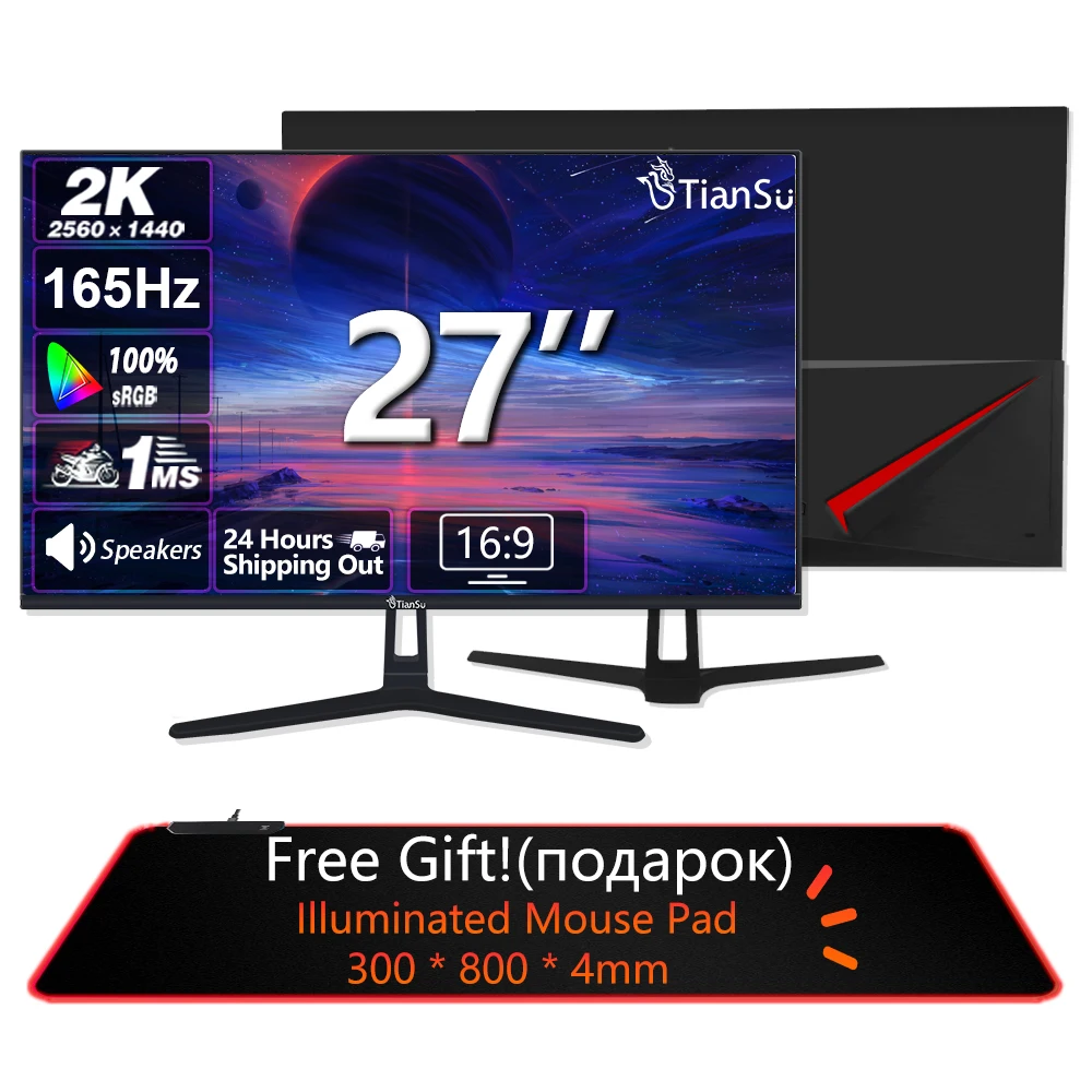 Tiansu 2K Monitor 27 Pollici 144Hz Per Pc Gaming Computer Monitor 165Hz Fast Ips 27 ''Monitor Con Schermo Da Gioco Ultrasottile
