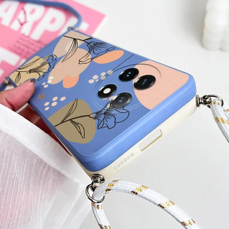 Elegant Artistic Line Flowers Crossbody Lanyard Silicone Phone Case