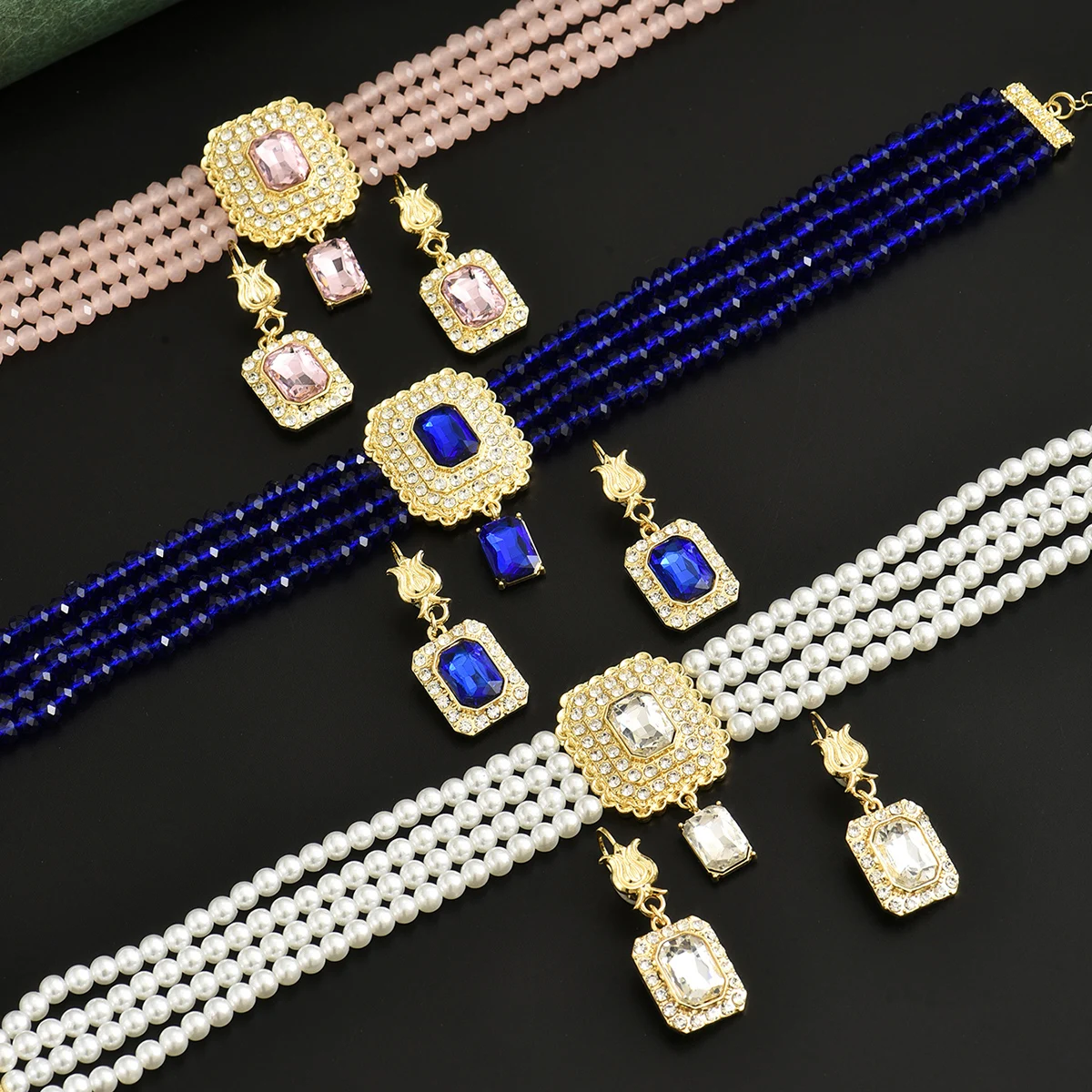 A Moroccan-Style Bridal Imitation Pearl Necklace Handcrafted Beaded Square Pendant Wedding Dress Earring Accessory