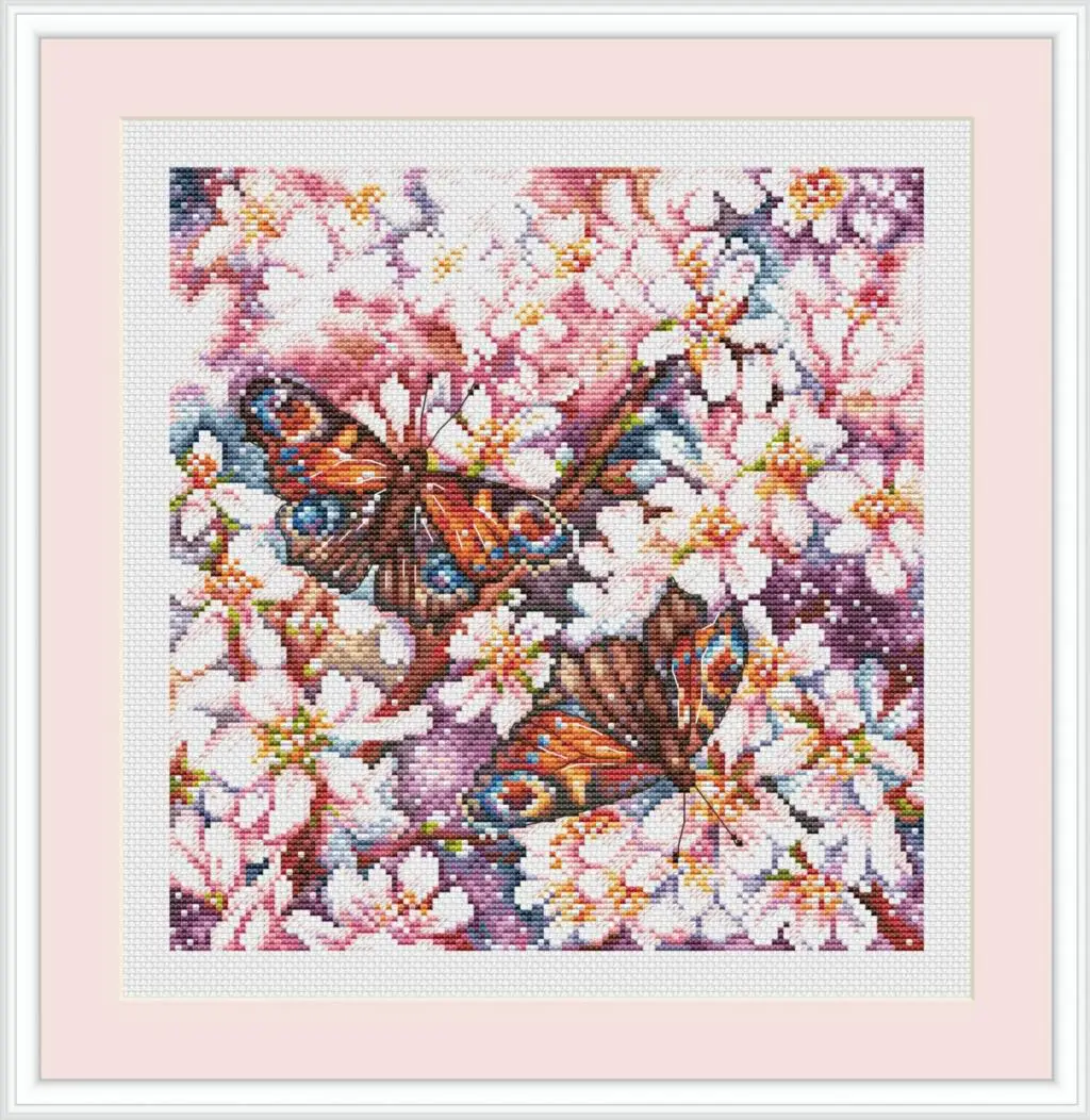 

Butterflies in Pink Flowers Cross Stitch Kit DMC Embroidery Thread Unprinted Canvas Fabric Needlework Set Home Fun 33-34
