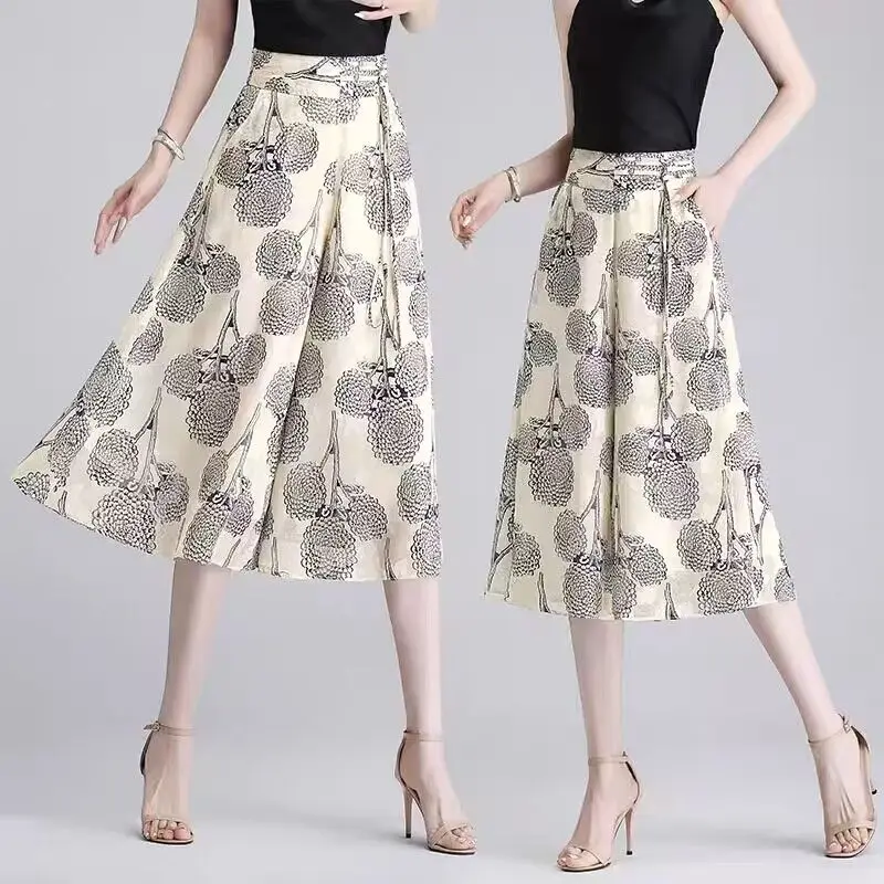 Summer Women Geometric Chiffon Wide Leg Skirt Pants Korean Fashion Capris Oversized Casual Elastic High Waist Ice Silk Trousers