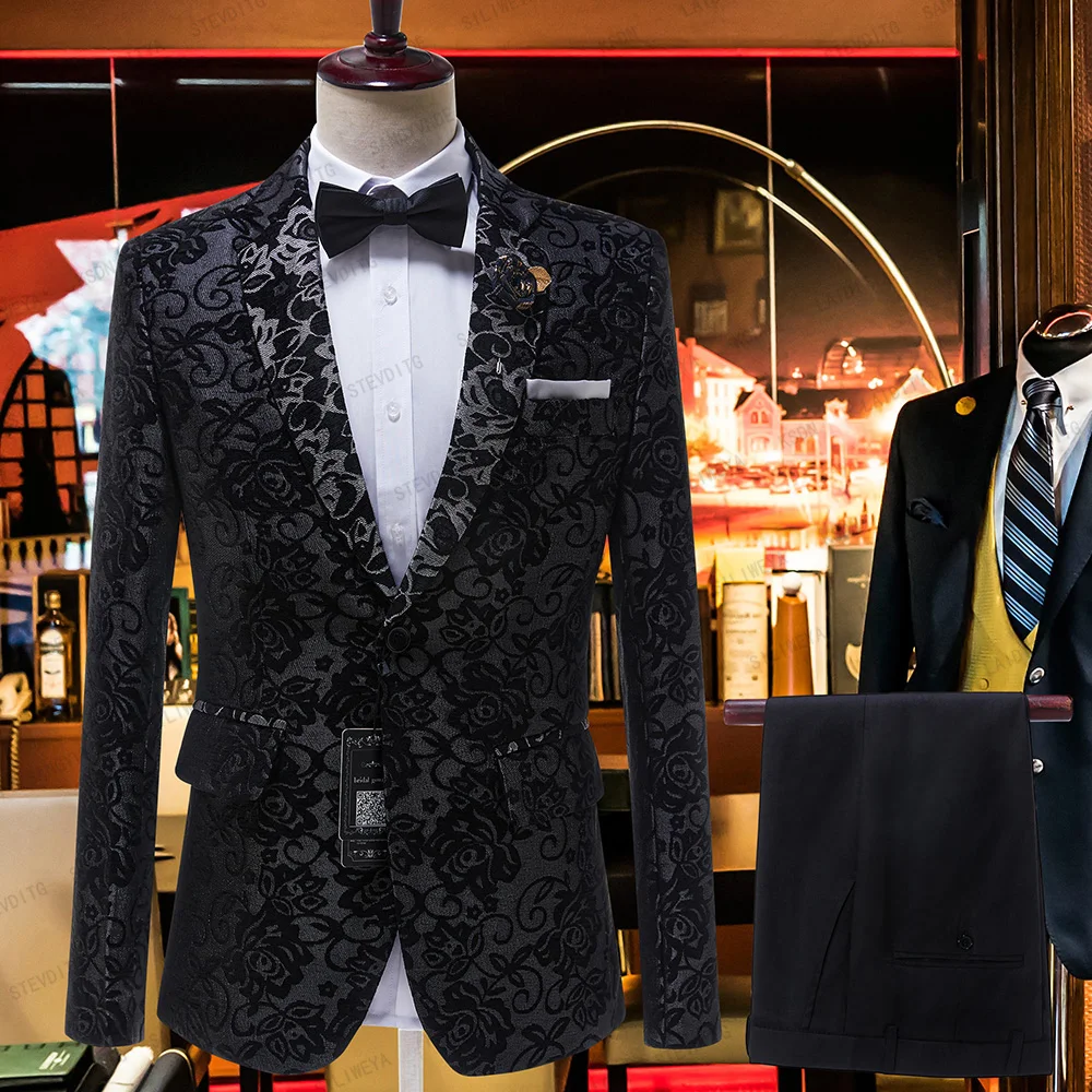 

SILIWEYA 2023 Black Jacquard Men's Suits One Button Blazer Business Regular Prom Tuxedos For Wedding 2 Pieces (Pants-Jacket)