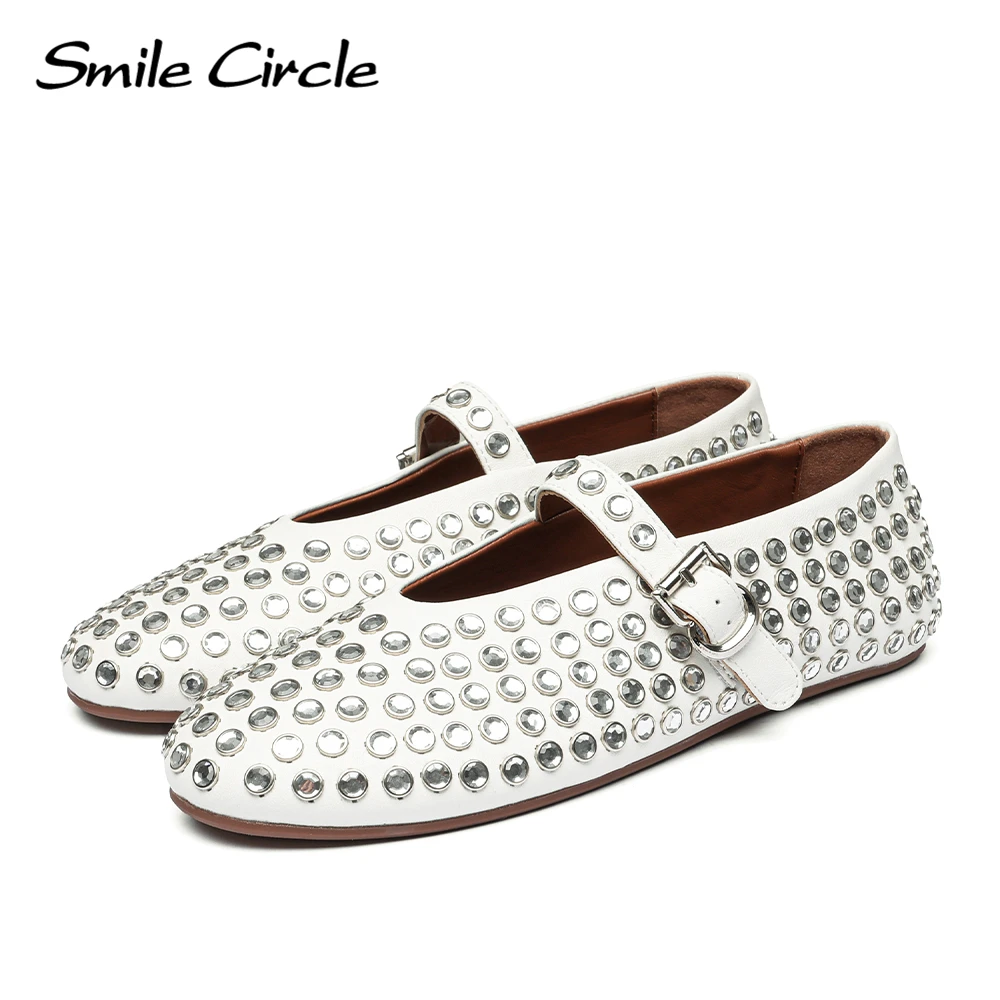 Smile Circle Women Ballet Flats in Strass Lambskin Bling Mary Jane lady Fashion Leather Flat Shoes