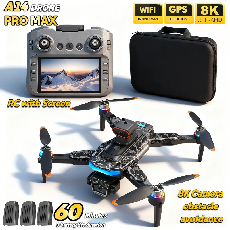 A14 Pro Max Drone con 3 batterie Brushless 8K Doppia fotocamera Evitamento ostacoli Pieghevole Quadcopter RC Schermo Distanza Drone Giocattoli