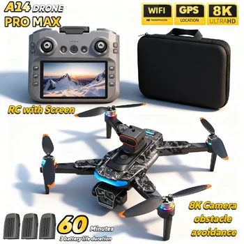 A14 Pro Max Drone con 3 batterie Brushless 8K Doppia fotocamera Evitamento ostacoli Pieghevole Quadcopter RC Schermo Distanza Drone Giocattoli