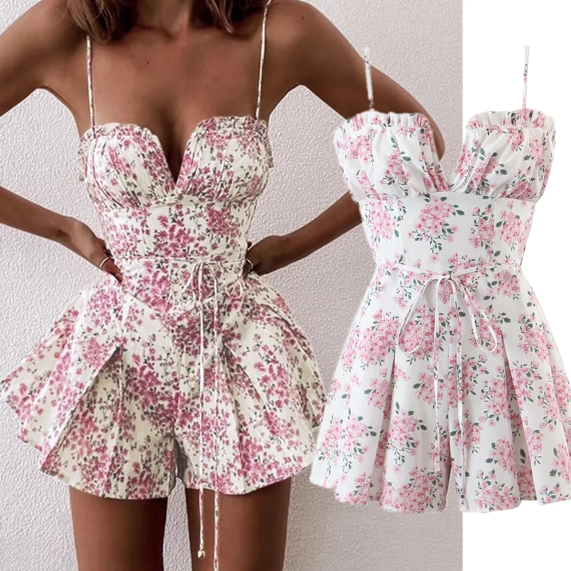 

Jenny&Dave French Style Print Spaghetti Strapless Sexy Summer Fashion Vintage Tropical Floral Playsuits Women Tops