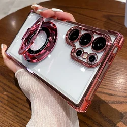Four Corners Air Cushion Anti-Drop Transparent Electroplated Magnetic Stand Protective Case for SamsungS23Ultra (Pink)