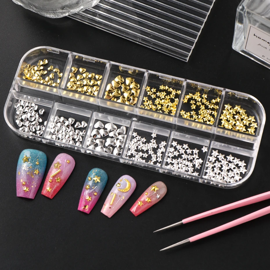 12 Gitter Goldene Silberne Sterne Herz-Nagelcharms Metallische Sterne Herz-Pailletten für Nägel Geeignet für Ramadan Damen-Nageldekoration – Detail 7