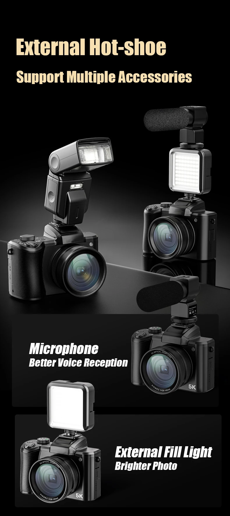 SONIDA 5K DSLR Optical Zoom HD Video Camera 3.2-inch IPS HD Touchscreen Display Digital Camera