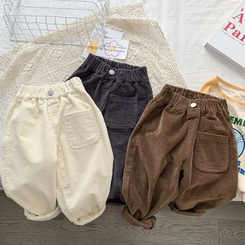 

Kid Pants Boys and Girls Corduroy Pants 2023 New Style Children Korean Style Spring and Autumn Pants Elastic Casual Pant