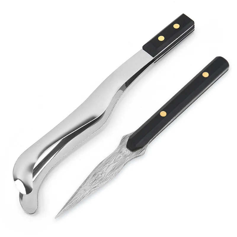 Stainless Steel Damascus Tea Knife Set with Tea Clip for Chinese Pu'er Needle Cutting Machine Delicate Pu'er Cutter Tool