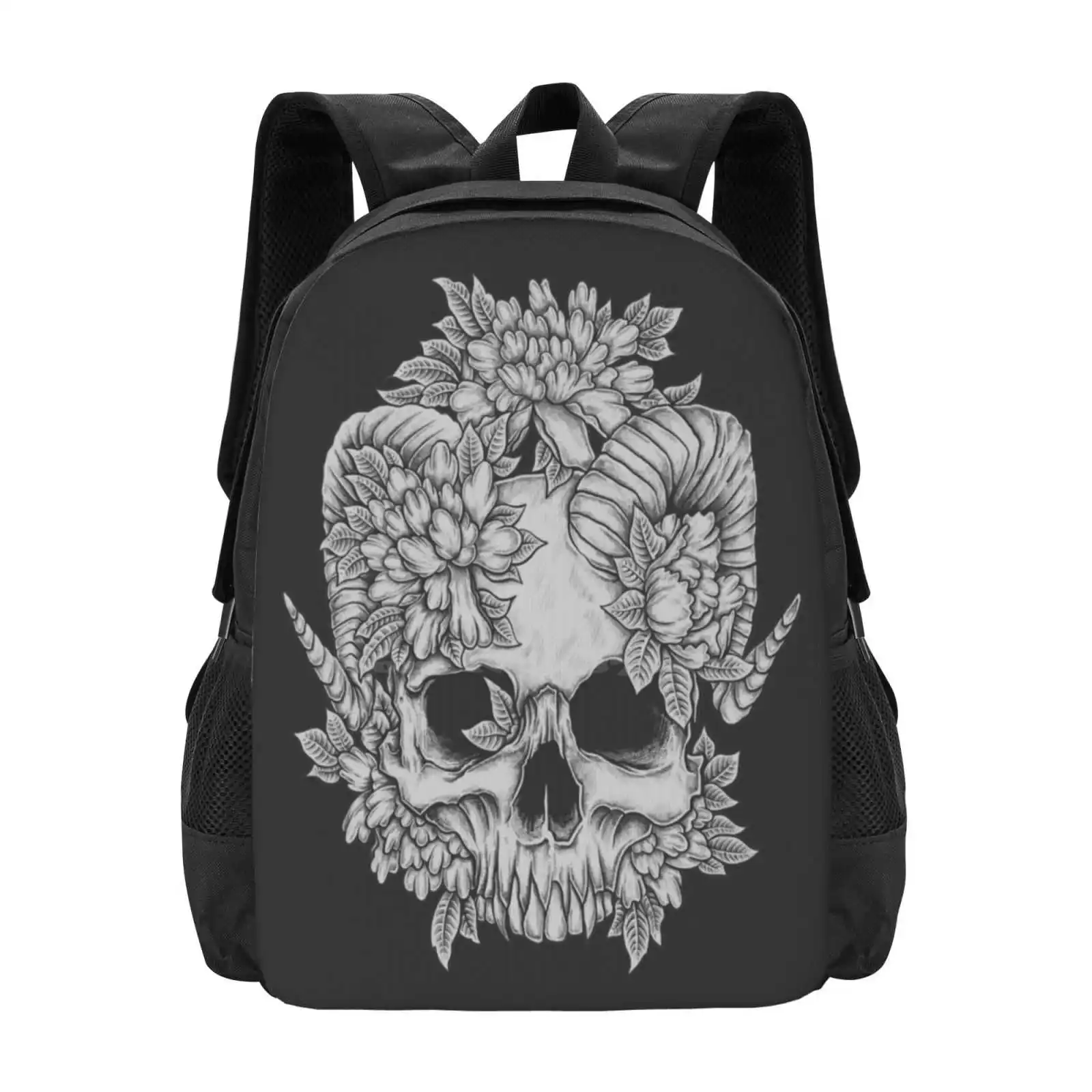 

Japanese Skull Pattern Design Bag Student'S Backpack Flowers Nature Horns Horned 666 Dark Metal Crosshatching Cross Hatch