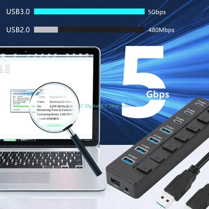 E74D 7 포트 USB 확장 어댑터 5Gbps 고속 데이터 전송 4 USB A 3 USB C 포트 스위치 PC 노트북 용 제어