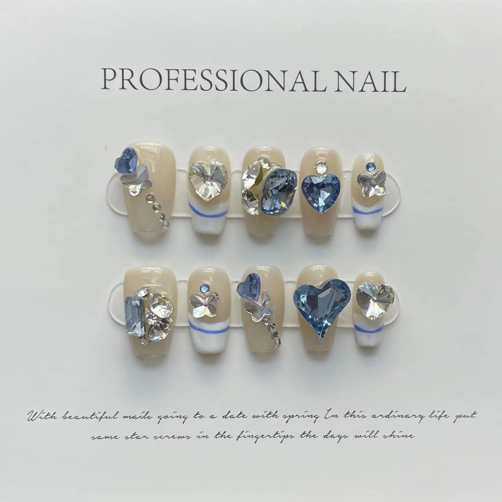 

10Pcs Blue Handmade Press On Nails Ballerina Short Full Cover Nails with Butterfly Heart Decoration French Wearable Nails Tips