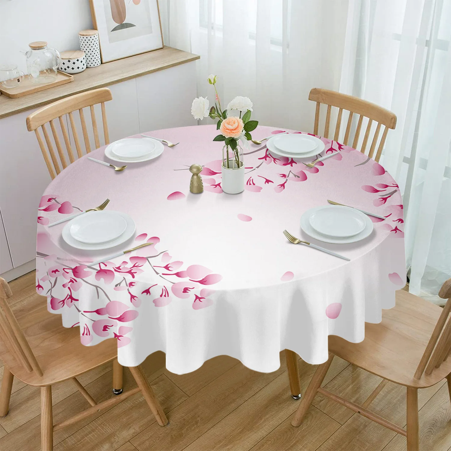 

Japanese Style Sakura Texture Round Tablecloth Waterproof Table Cover for Wedding Party Decoration Dining Table Cover