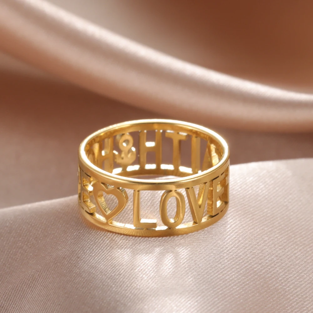 Amaxer LOVE FAITH HOPE Ring for Women Girls Stainless Steel Gold Color Fashion Rings Birthday Wedding Jewelry Gifts 5