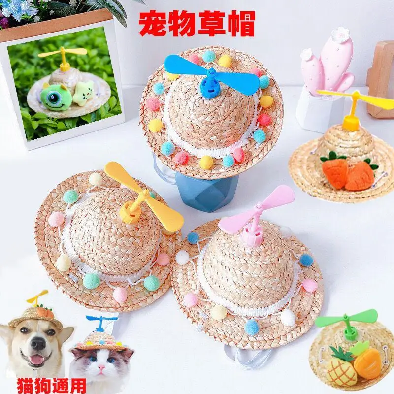

Funny Pet Sun Shading Straw Hat Bamboo-copter Dog Hat Cat Ins Go Out To Take Photos of God Dog Hat Summer Pet Dog Decorations