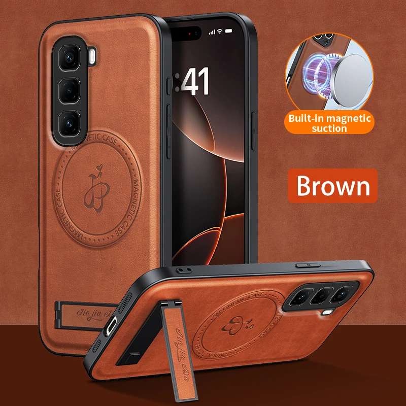 Leather Stand Case with Shockproof Magnetic Holder and Camera Protector Shell