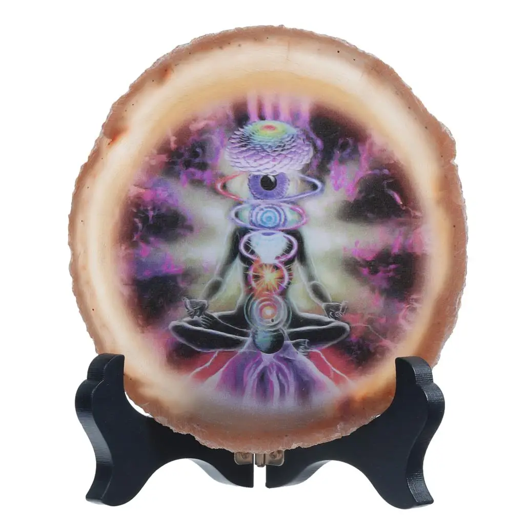 Natural Agate Slice Art Print Chakra Table Display with Wooden Stand, Irregular Agate Geode Stone Figurine for Office Home Decor