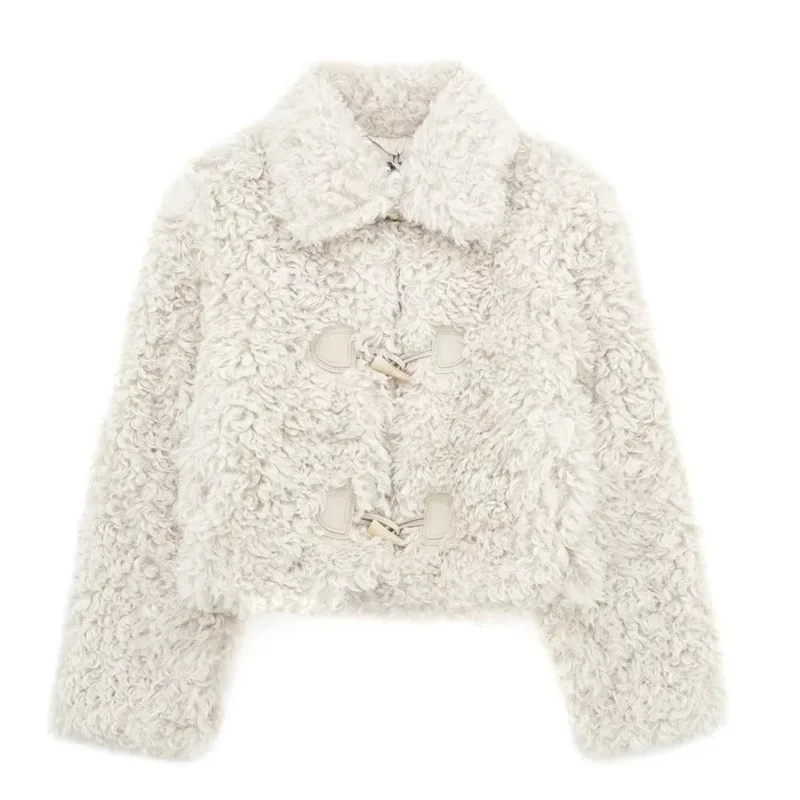 

Winter New Warm Sheepshearing Cowhorn Jacket Button Lamb Wool Coat Turndown Collar Loose Jacket Thickened Short Outerwear
