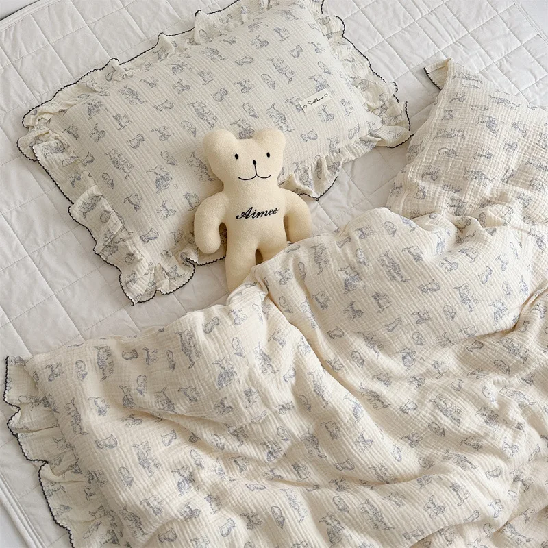 Cotton Muslin Duvet Cover Set for Nursery & Kids' Room Cute Cat Duvet Cover and Pillowcase Set for Childrens
