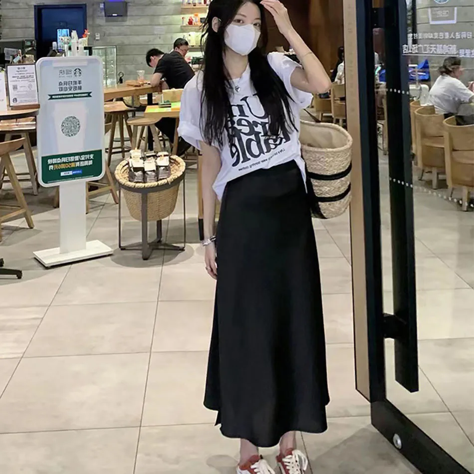 용수철 임산부 스커트, 단색, 고급 프렌치 새틴, 부드럽고 날씬해 보이는, 다목적 스커트, 여름 신상