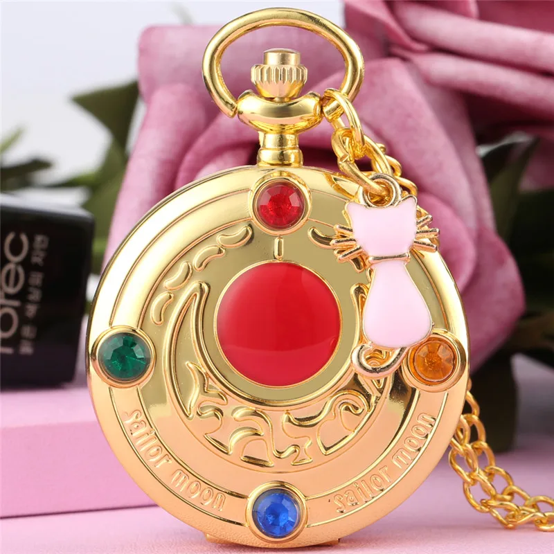 Golden Alloy Case Japanese Anime Cosplay Design Women's Pocket Watch Quartz Analog Display Pendant Accessory with Chain Gift