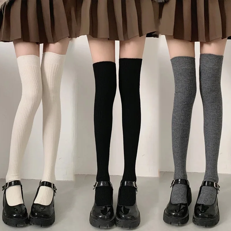 JK Lolita-Bas en coton à rayures verticales pour femmes et filles, chaussettes longues et serrées, chaussettes hautes au genou, noir et blanc, automne et hiver