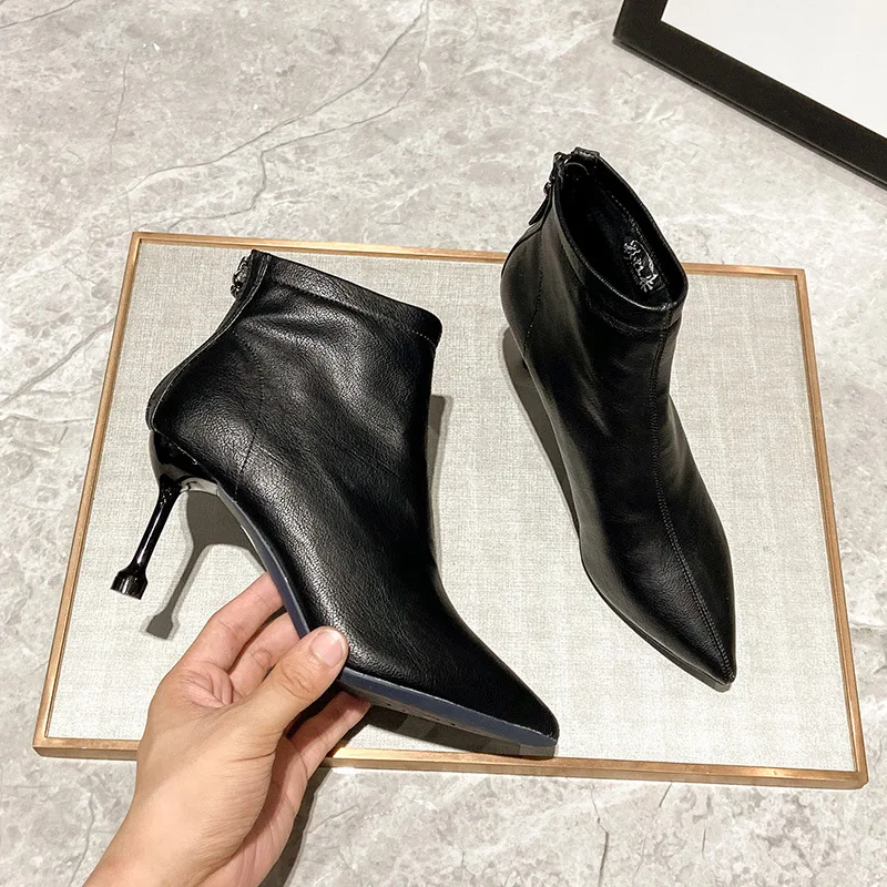 2022 New Solid Black Leather Women Boots Autumn Winter Boots Female Shoes Thin High Heel Short Boots Pointed Toe Zip Ankle Boots