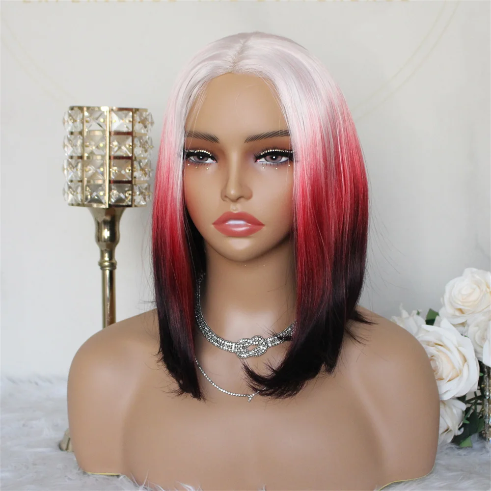 Ombre Pink Bob Wig Wear and Go Glueless Synthetic Lace Wig Pre Plucked Pre Cut for Beginner 14inch Ready to go Middle Part