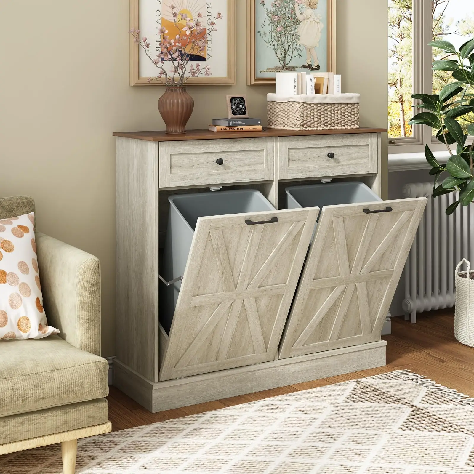 Vabches Tilt Out Trash Cabinet Kitchen Trash Cabinet with 2 Drawers Island Counter Trash Bin Cabinet for 10 Gallon Garbage Can 3