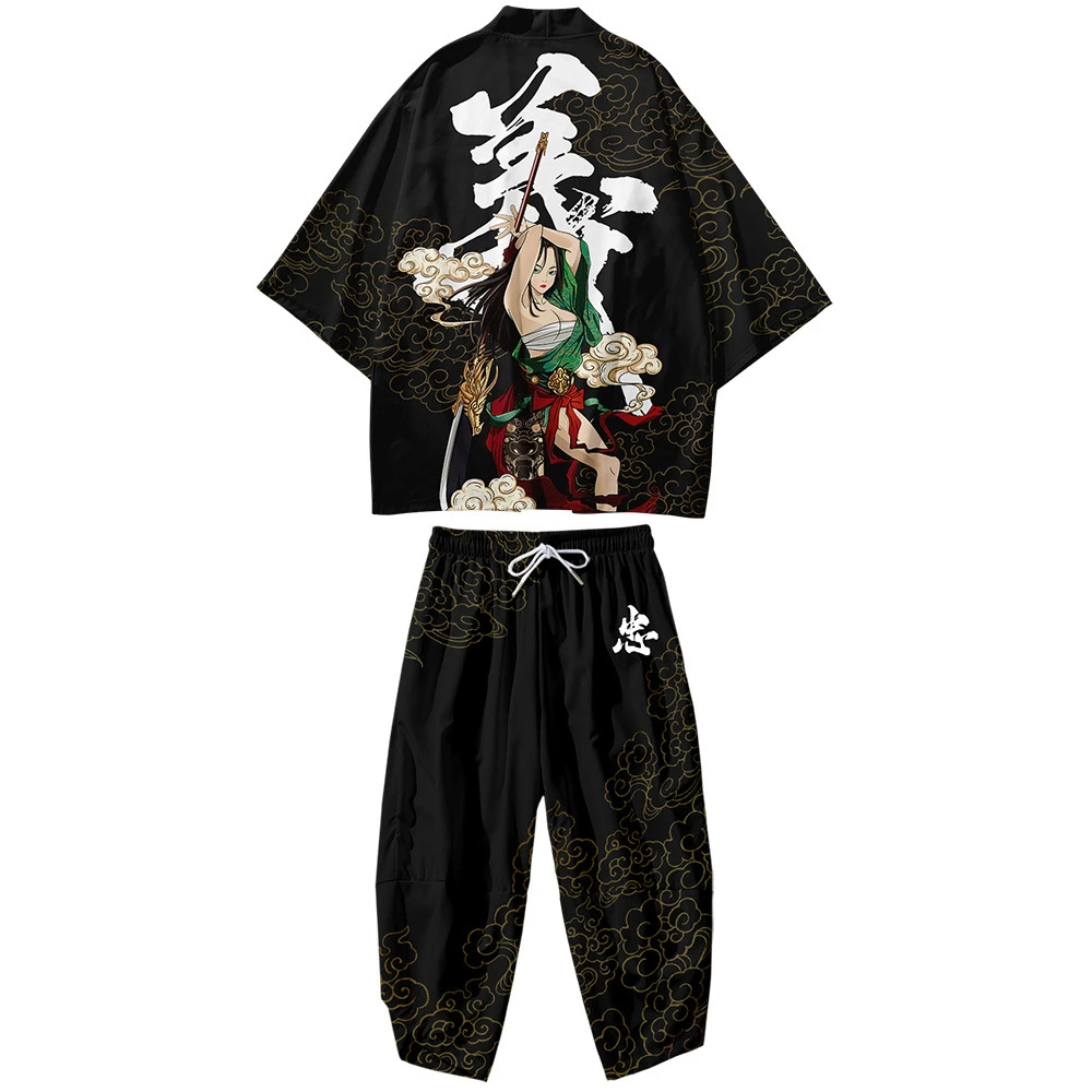 Summer Black Print Men's Kimono Top Set Loose Kimono Casual Fashion Jacket and Pants Japanese Casual Cropped Pants Oversized 6Xl