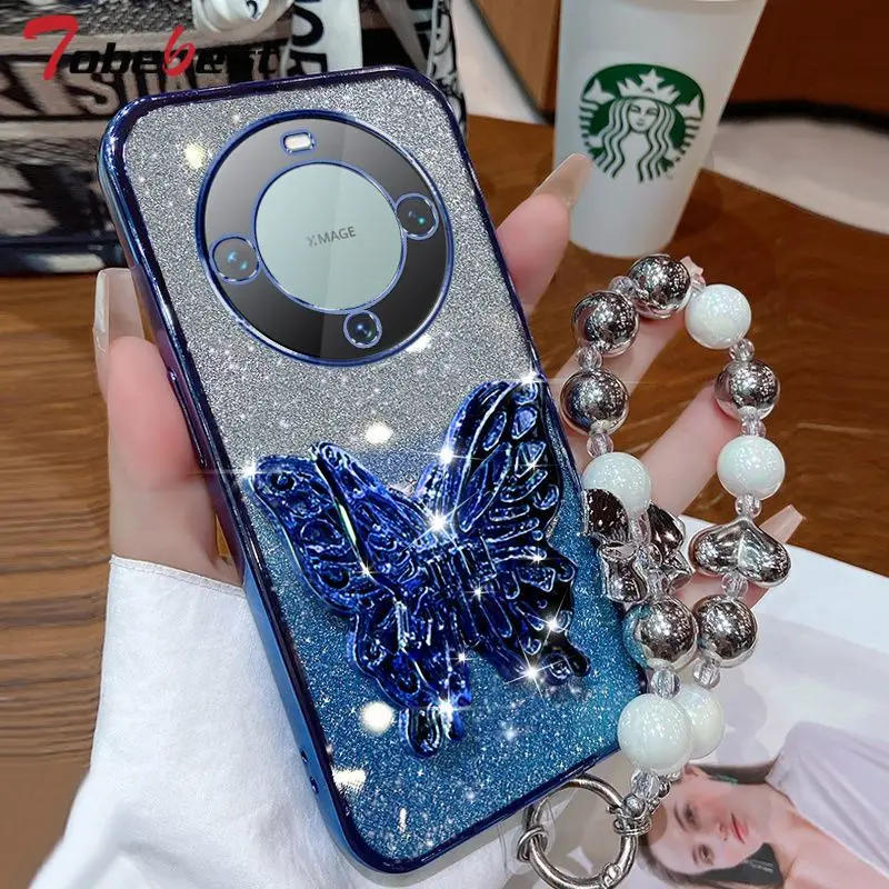 Glitter Plating 3D Butterfly Bracelet Phone Holder Case