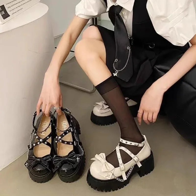 2025 New Women's Shoes Ankle Straps Womens Pumps Platform Women Leather Bows Mary Jane Punk Gothic Chunky Heel Chaussures Femme 5