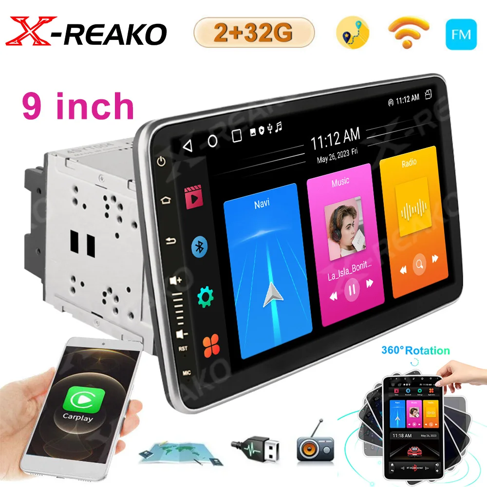 

X-REAKO 9 дюймовый Carplay автомобильный стерео Универсальный 2 Din Android радио 360 Поворотный экран мультимедийный плеер авторадио аудио RDS DSP