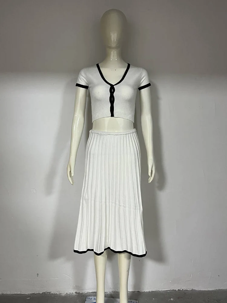 Conjunto de dos piezas de falda de punto con pliegues para mujer, camiseta corta con cuello en V profundo, falda de cintura alta de punto con retazos, conjuntos femeninos de verano
