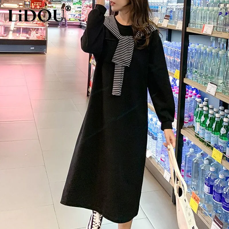2023 Spring Autumn New Round Neck Long Sleeve Solid Color Cotton Elegant Dress and Hooded Shawl Collar Women All-match Vestidos