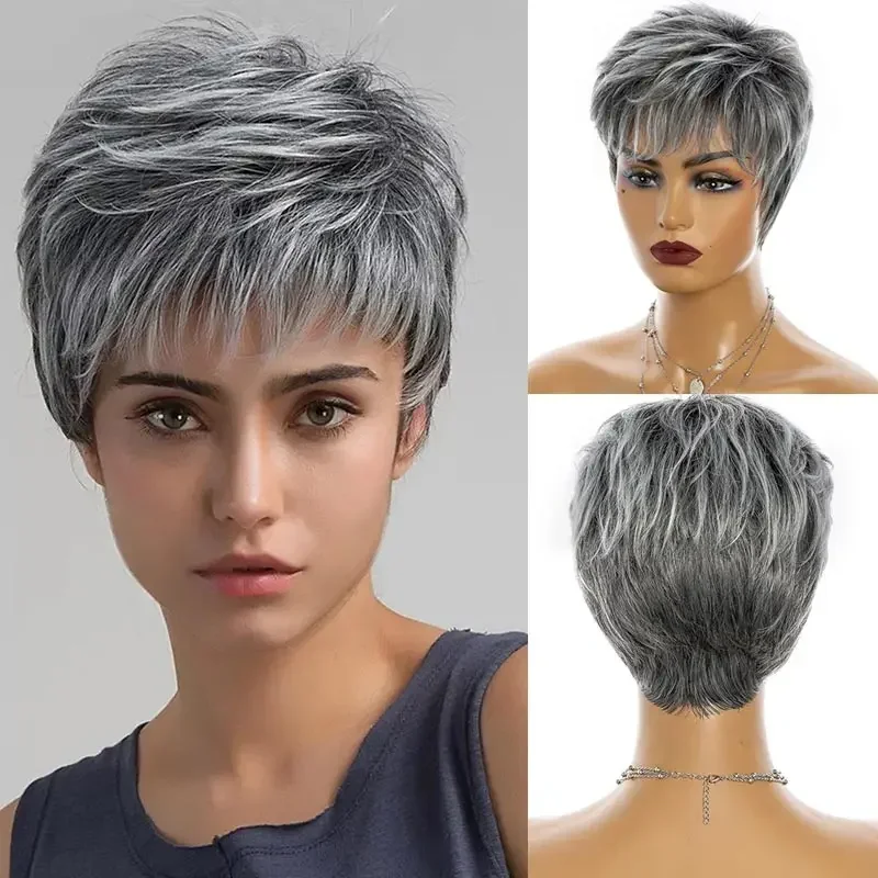 Short Wigs with Bangs for Women Pixie Cut Hairstyle Grey Ombre Soft Heat Resistant Synthetic Wig Mommy Daily Wear