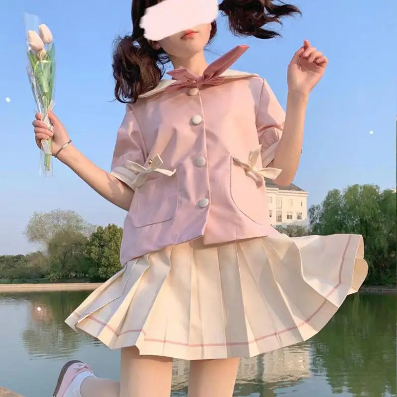 Lolita Cosplay Costumes Japanese Harajuku Kawaii Lolita Jk Women Girl Sweet Cute Cat Sailor Collar Bow Lace-up Suit Set Student Girly Clothing Tops