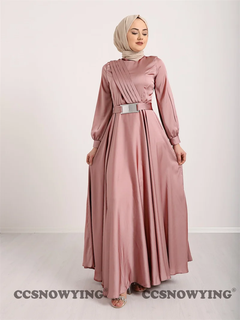

Fashion Long Sleeve Muslim Evening Dresses High Neck A Line Hijab Formal Party Prom Gown Satin Arabic Islamic Robes De Soirée