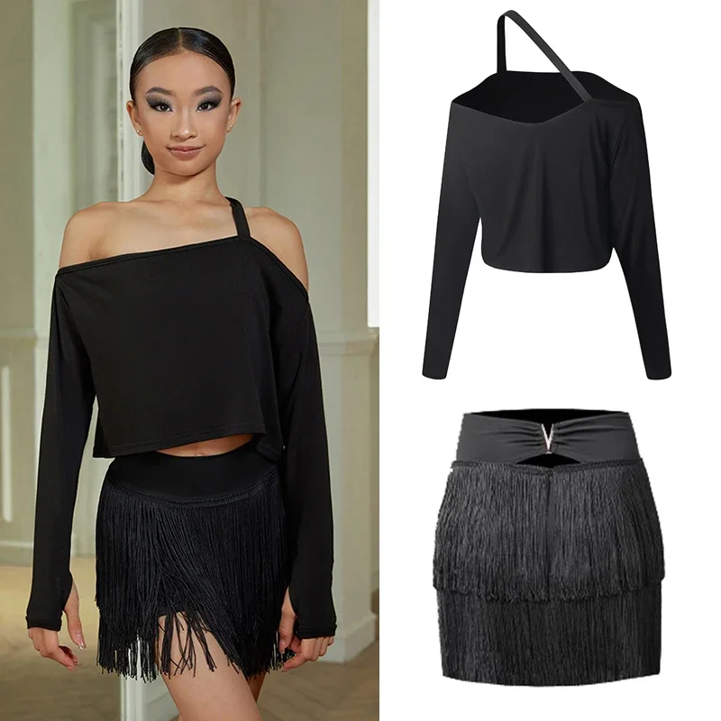 

Детская одежда для латиноамериканских танцев, свободные топы для девочек, черная юбка с бахромой и длинными рукавами, одежда для латиноамериканских тренировок, Cha платье для самбы DNV18552