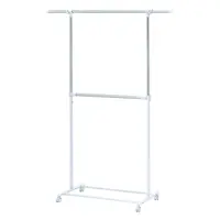 2 Tier Adjustable Chrome Rolling Garment Rack with Silver Metal and White Rod US 1