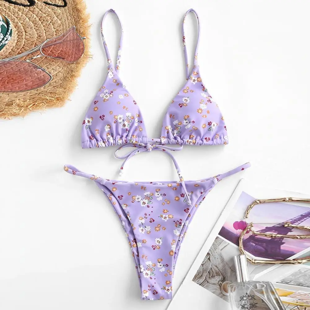 

2 Pcs/Set Bathing Suit Contrast Color Flower Print Breathable All Match Summer Swimsuit for Beach