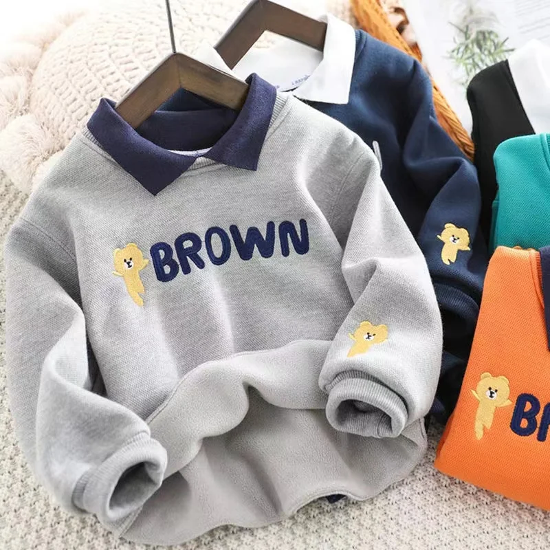 

Boys' Fleece-Lined Thickened Cotton Jacket for Big Children Fake Two-Piece Bottoming Shirts Spring and Autumn Cartoon Sweater