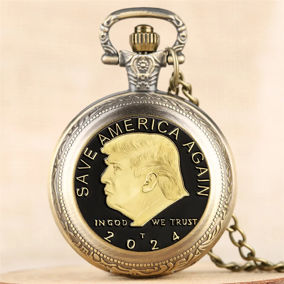 

Vintage Bronze"SAVE AMERICA AGAIN" Trump Memorial Pocket Watch Vintage Fashion Necklace Chain Watch Best Gift For Women Men